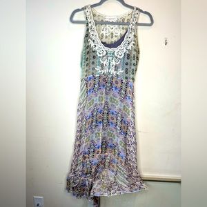 Johnny Was SILK Dress Double Lined Size XS EUC High/Low Bohemian MIDI Dress